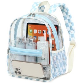 Clear Mini Backpack for Stadium Events 12x12x6 Small Transparent Backpacks Plastic See Through Clear Bag for Concerts Work (Blue-White checked)