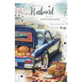 Anniversary Card for Husband, Vintage Car and Picnic Design, Romantic Greeting Card
