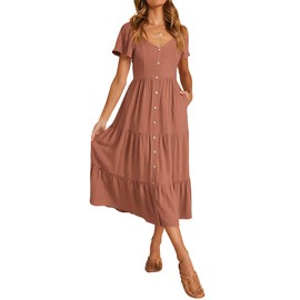 KIRUNDO Summer Dresses for Women 2024 Casual Linen Button Short Sleeve Midi Dress V Neck Ruffle Tiered Flowy A Line Dresses Maternity Dress(Brick Red, Large)