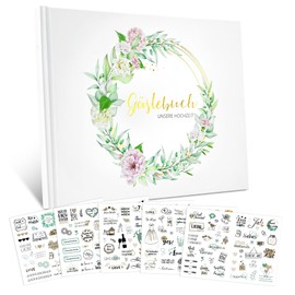 Wedding Guest Book with 213 Stickers Wedding Guest Book 120 Pages Beige Blank Wedding Guest Book & Wedding Album for Memories, 17 x 23 cm, Wedding Guest Book, German & English