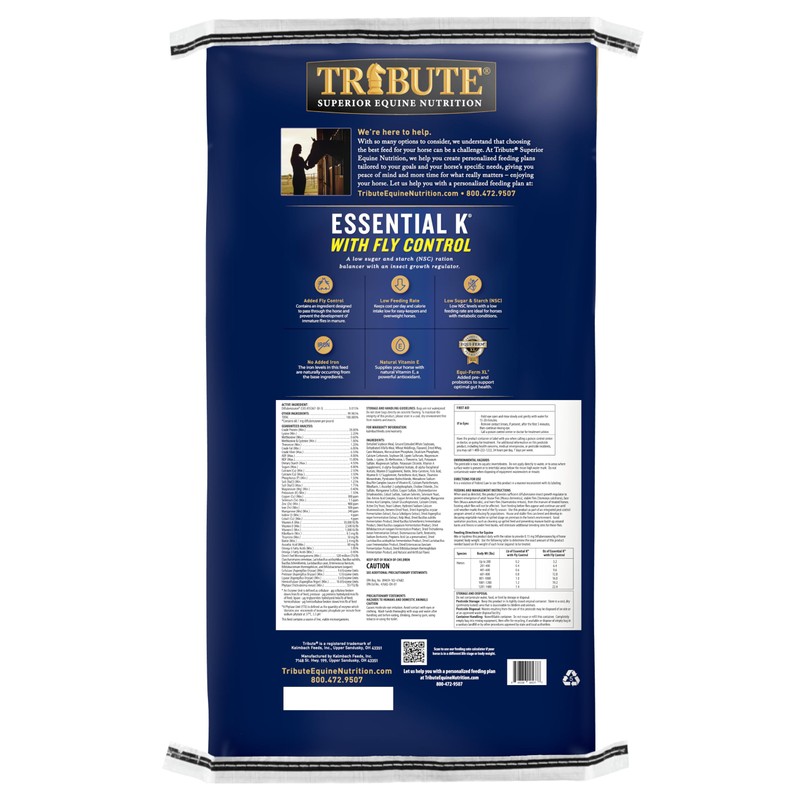 TRIBUTE Essential K Ration Balancer Horse Feed with Fly Control,