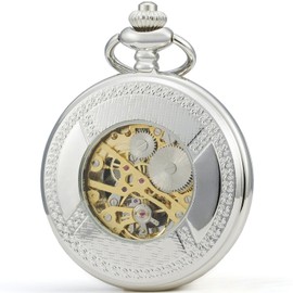 SEWOR Classic Pocket Watch Patterned Case Mechanical Movement Hand Winding Leather Gift Box, White, Classic