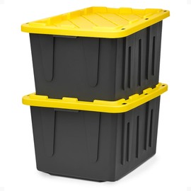 HOMZ 2-Pack Durabilt, Heavy Duty Plastic Storage Bins with Lids, 27 Gallon, Black/Yellow - Stackable Container Boxes for Home, Attic, and Garage Organization