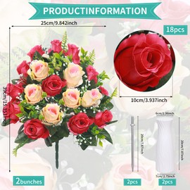 Lodou Artificial Cemetery Flowers,Set of 2 Grave Decorations Roses, Tombstone Memorial Bouquet with Vase for Grave Arrangementss (2, red & Beige)