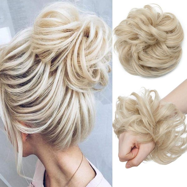 Messy Hair Bun Hair Scrunchies Extension Curly Wavy Thick Synthetic Chignon for women Updo Hairpiece Ponytail Hair Accessories Ash Blonde mix Bleach Blonde