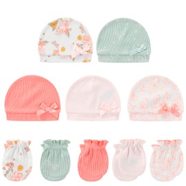 MAMIMAKA Baby Hat and Mittens Set Cotton Newborn Baby Hats Caps for Boys and Girls, 0-6 Months