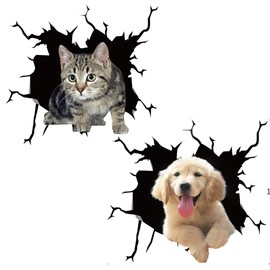 Pack of 2 3D Car Sticker Cat Dog Car Sticker, Cracked Car Sticker Puppy Dog Design Decal, Stereo Cat Car Sticker Anime Decoration Car Bumper Sticker Scratch Theme Wall Sticker