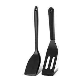 Armrouns Mini Serving Spatula 2pcs set, Silicone Serve Turner Heat-Resistant Cookie Slotted Spatula, For Kitchen Cooking. (Black)