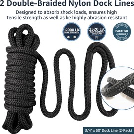 Dock Lines 3/4" x 50' Double Braided Nylon Boat Dock Lines Pre-spliced with a 18" Loop, Marine-Grade Boat Ropes for Docking, 3/4" Dock Lines for Boat, Boat Lines Dock Rope, Sturdy Marine Rope, PACTHSD
