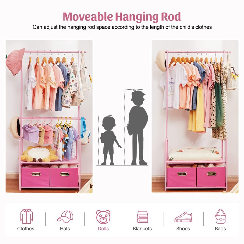 Vilaxing Kids Clothing Rack Bamboo with 2 Storage Baskets and