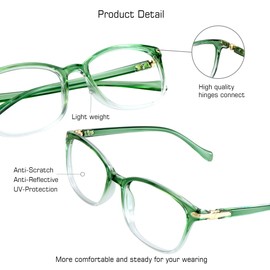 Gafas de bloqueo de luz azul para mujer, antifatiga ocular, lectura de computadora, gafas de TV, elegante marco cuadrado, antideslumbramiento (verde transparente, aumento de 2,50)