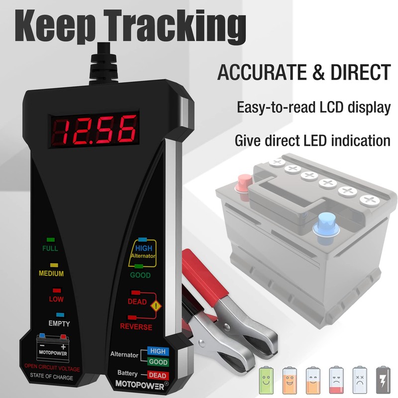 MOTOPOWER MP0514A 12V Digital Car Battery Tester Voltmeter and Charging