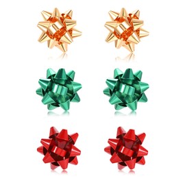 Vogueknock 3 Pairs Christmas Bow Earring Studs Holiday Jewelry Women Earrings (Gold Green Red)