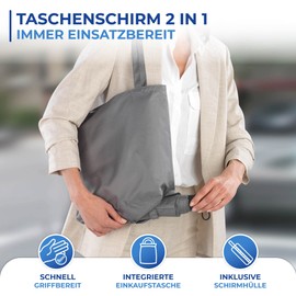 Maximex 2-in-1 Pocket Umbrella with Bag, Space-Saving Pocket Umbrella with Integrated Shopping Bag, Quick-Drying Pocket Umbrella with Handle & Low Weight, 40 x 40 m, gray, Compact