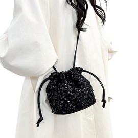 NAMEOF Women's Sequins Drawstring Bag, Mini Handbag, Shoulder Bag, Occasion Bag, Black, Silver, Lightweight, Party, Glitter, Crossbody, Black