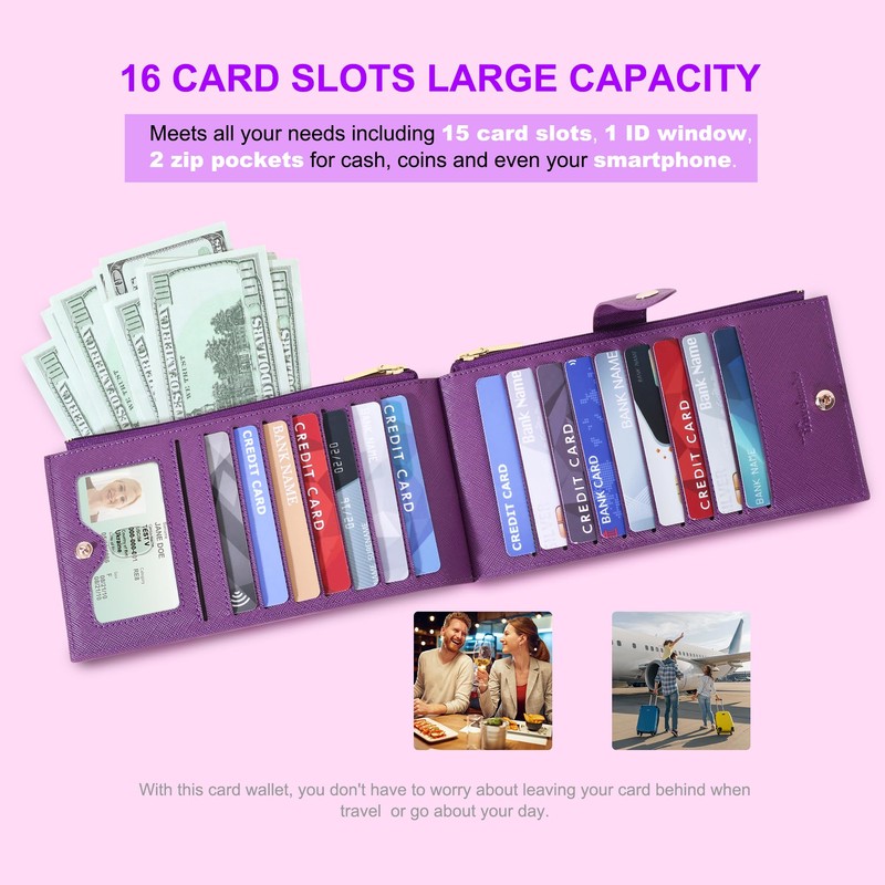Travelambo RFID Wallet Women Large Size Bifold Multi Card Wallet
