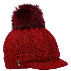 McBurn Britta Cable Knit Peak Pull On Hat Bobble Hat Winter Hat Knitted Hat for Women with Peak, Lining, Lining Autumn Winter, red