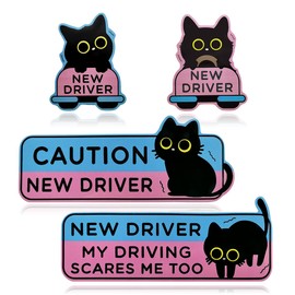MTRPS 4 PCS New Driver Magnet for Car, Cute Reflective Cat Sticker Reusable Student Driver Sign, Funny Shivering Cat Bumper Decal Removable Magnetic Sticker for Novice Drivers