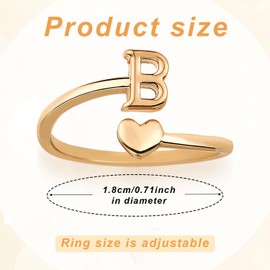 Mikovivi Heart Initial Stackable Rings, Adjustable Pinky Rings Cute Capital Letter Rings Heart Rings Non Tarnish Gold Rings Alphabet Gold Pinky Rings Jewerly Gift for Women (B)