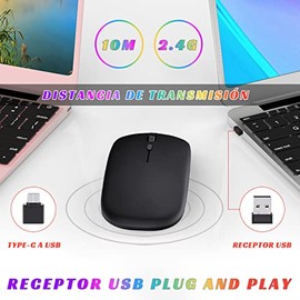 DQST Mouse Inalámbrico, 2.4G Mouse Inalámbrico Recargable, con Receptor USB y Convertidor Type-c, 3 dpi Ajustables, Clic Silencioso, Luz de Respiración de Retroiluminación Colorida. (Negro)
