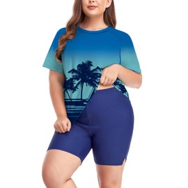 Inno Women's Plus Size 2 Piece Rash Guard Swimsuits Short Sleeve with Boyshorts UPF 50+ Surfing Swimwear,FL25,2X