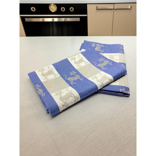 Ger3as Set of 2 Gourmet Tea Towels, Kitchen Towels (Linen/Cotton) Hand Towels 50 x 70 cm Half-Linen Stonewashed Jacquard or Printed Tea Towels (Jacquard Towel, Cats Blue)