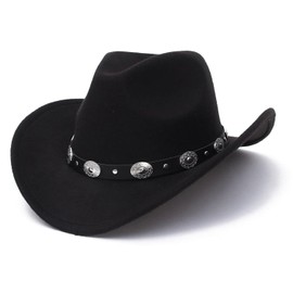 Black Cowboy Cowgirl Hat for Women Men Western Style Wide Brim Felt Fedora Panama Hat with Detachable Belt Buckle