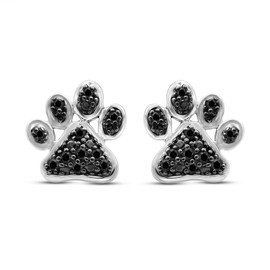 Jewelili Sterling Silver Black Diamond Dog Paw Stud Earrings, 1/5cttw