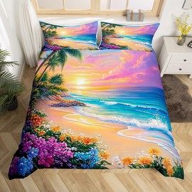 Feelyou Beach Sunset Comforter Cover Set Queen Size Flowers Coconut Trees Sea Bedding Set for Boys Girls Hawaiian Beach Bedding Duvet Cover Set Room Decorations Bedspread Cover 3Pcs,No Stuffing