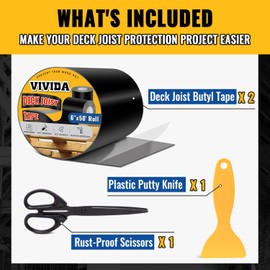 VIVIDA Butyl Joist Tape for Decking 6" × 50' (2 Roll), Waterproof Deck Joist Butyl Sealant Tape for Wood Beams, Roof