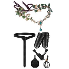 MOSTORY Medieval Renaissance Costume Set - 6 Pcs Renaissance Accessory Pouch Cork Potion Bottle Vintage Faux Leather Gauntlet Wristband Dagger Holster Elf Crown for Viking Cosplay Black