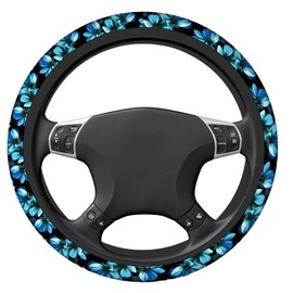 Swono Flowers Blue Car Steering Wheel Cover,Beautiful Blue Flowers On A Black Safe Driving Anti-Slip Steering Wheel Covers Steering Wheel Protection Case No Smell Universal 15 Inch