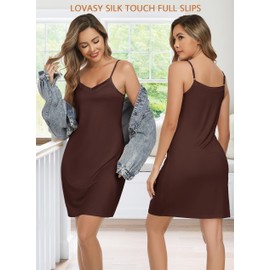 Lovasy Women's Full Slips Cami Slip Mini Dress Adjustable Spaghetti Straps Basic Under Dresses Sleeveless Nightgown Coffee,Large