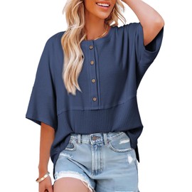 Dokotoo Tops for Women Trendy 2025 Waffle Knit Tops Plus Size Summer Outfits Lightweight Short Sleeve Shirts Crewneck Button Up Blouse Casual Fashion Loose Basic Button Down T Shirts Blue XX-Large