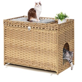 Cat Litter Box Enclosure with Soft Litter Mat; Hidden Cat Washroom Furniture with Door; Handwoven Rattan Kitten House with Large Space; Pet Crate for Living Room, Bedroom, Balcony (Natural)