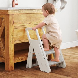 CuFun Toddler Step Stool for Bathroom Sink Kitchen Counter,Adjustable 2 or 3 Step Foldable Plastic Kids Step Stool with Non-Slip Pads Handles Potty Training Bathroom Kitchen Helper Safe for Baby Child