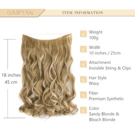 Gairyan Secret Hair Extensions with Wire, 45 cm Hairpiece with Adjustable Invisible Synthetic Hair, Invisible, 1 Weft, Long, Wavy Curly Hair Extensions, Synthetic Hair (Sandy Blonde & Bleach Blonde)