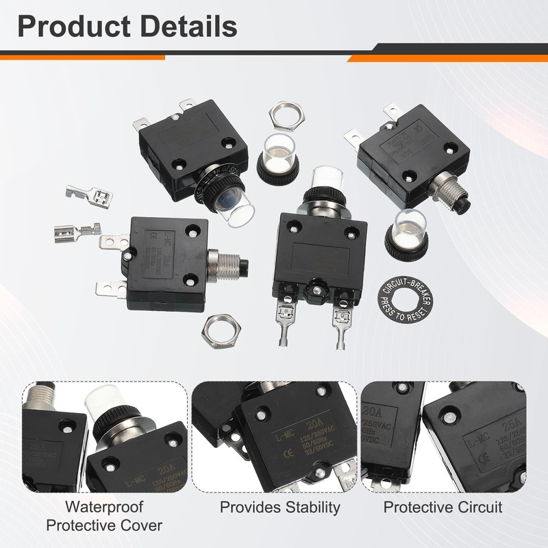 sourcing map 2PCS 20A Thermal Circuit Breakers, 125/250V AC,32/50V DC