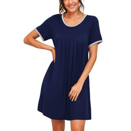 PrinStory Womens Nightdress Short Sleeve Sleepwear Soft Sleepshirt Pleated Nightshirt Scoopneck Casual Loungewear (Navy Blue, XL)