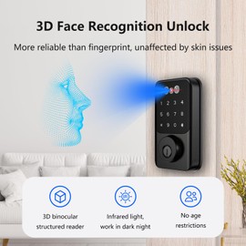 Jacchozhi 3D Face Recognition Door Lock,Keyless Entry Smart Deadbolt for Front Door, Electronic Digital Keypad, Tuya App Control,One-Time Code,Auto-Lock,IP54 Waterproof
