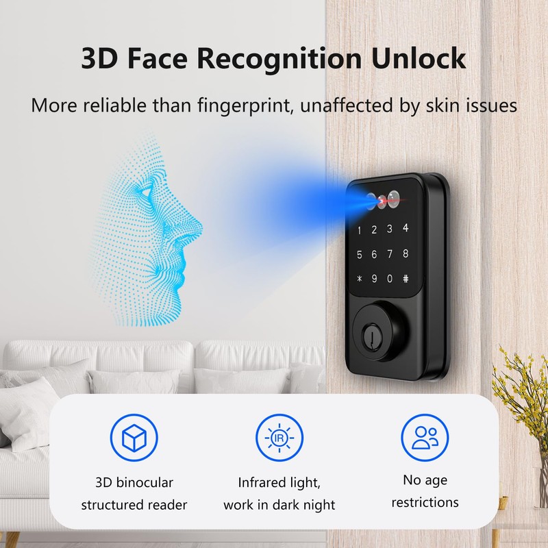 Jacchozhi 3D Face Recognition Door Lock,Keyless Entry Smart Deadbolt for