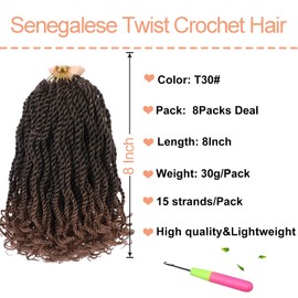 Mscat 8 Inch Wavy Senegalese Twist Crochet Hair 8 Packs Pre-Looped Passion Twist Crochet Hair With Curly Ends Synthetic Havana Twist Braiding Hair Extension for Women Kids T30#