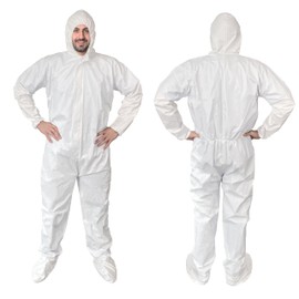 EZGOODZ White Hazmat Suits, Small. Pack of 5 Waterproof MPP Disposable Coveralls with Hood, Boots, Elastic Wrists, Zipper. Tear Resistant 60 GSM Unisex Painters Suit Disposable for Men and Women