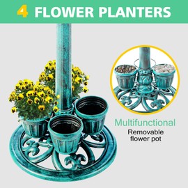 Demeyad Bird Bath for Outside with 4 Removable Flower Planters 28in Polyresin Lightweight Vintage Birdbath Stake Standing Bowl and Water Feeder Yard Gardan Decor Green