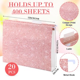 Dispowreath 20 Pcs Light Pink Hanging File Folders 12" x 9.25'' Glitter Decorative File Folders with 20 Paper 2" Expansion,20 Paper 1/5 Cut Tab and 20 Plastic Tab for Filing Cabinet Office Desktop