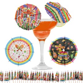 200 Pcs Mexican Fiesta Drink Umbrellas Cocktail Picks,Cinco De Mayo Paper Drink Umbrella Toothpicks for Mexican Themed Cactus Donkey Taco Pepper Sombrero Mustache Party Decorations