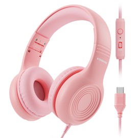 KONNAO Upgrade USB Type C Kids Headphones, Wired Headphones for Kids with Microphone for Boys Girls, Adjustable 85dB/94dB Volume Limited (Pink)