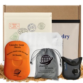 Travel Laundry Gift Set – 6-Piece Bundle with 50 Pocket Laundry Sheets (Fresh Linen Scent), Lightweight and Heavy Duty Clothesline, Sink Stopper, Canvas Carry Bag & Breathable Frosted Zip Pouch