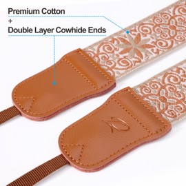 Padwa Lifestyle Camera Strap - 2 Inch Cowhide Head Camera Strap for Photographers, Vintage Jacquard Embroidery Woven Cotton Adjustable Shoulder Neck Strap for Cameras, Binoculars - Khaki Embroidery