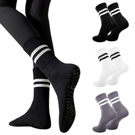 Risipu Non Slip Yoga Socks for Women Anti-skid Long Socks for Yoga, Barre, Ballet, Dance, Barefoot Workout Gym (UK, Alpha, One Size, Regular, Regular, B 3 Pairs - Black+White+Gray)